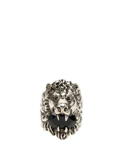 Pre-owned Gucci 2000-2015 Silver Plated Crystal Lion Head Ring Costume Ring
