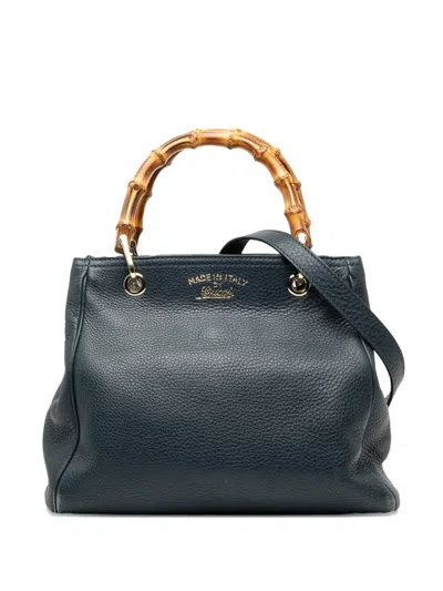 Pre-owned Gucci 2000-2015 Small Calfskin Bamboo Shopper Satchel In Blue