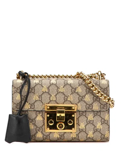 Pre-owned Gucci 2000-2015 Small Gg Supreme Bee Padlock Crossbody Bag In Brown