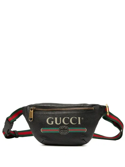 Pre-owned Gucci 2000-2015 Small Grained Calfskin Logo Belt Bag In Black