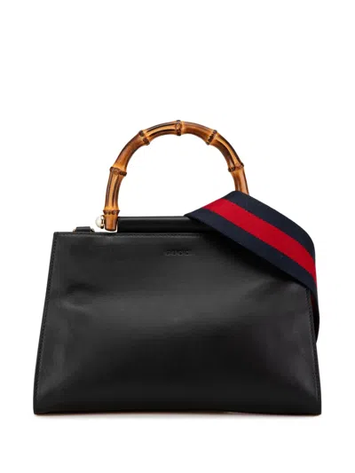 Pre-owned Gucci 2000-2015 Small Leather Bamboo Nymphaea Satchel In Black