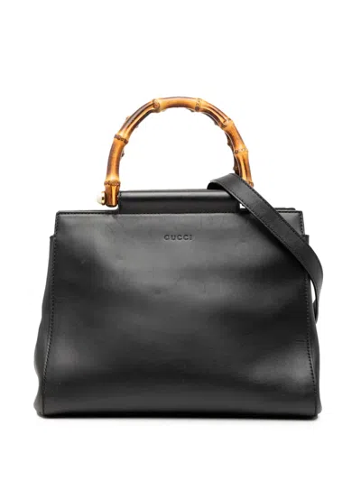 Pre-owned Gucci 2000-2015 Small Leather Bamboo Nymphaea Satchel In Black