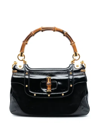 Pre-owned Gucci 2000-2015 Suede And Patent Peggy Bamboo Top Handle Bag Satchel In Black
