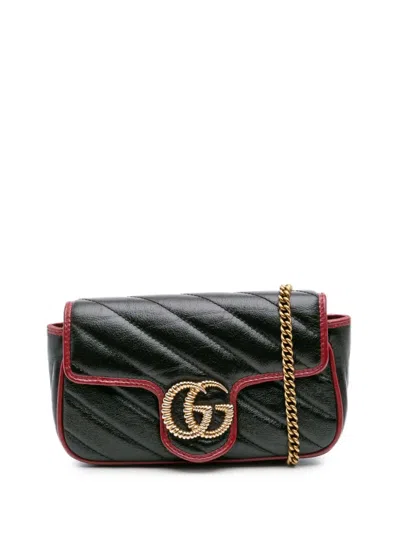 Pre-owned Gucci 2000-2015 Super Mini Gg Marmont Matelasse Leather Torchon Flap Crossbody Bag In Black