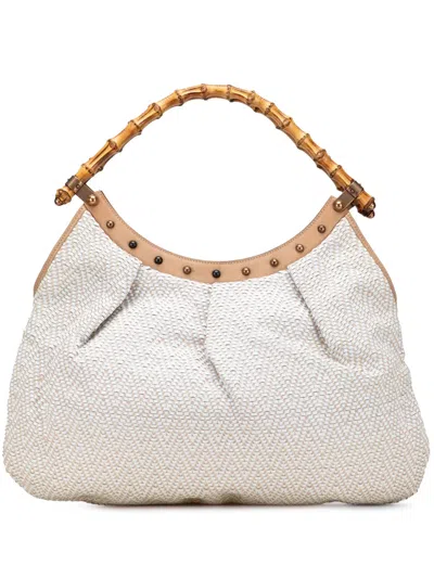 Pre-owned Gucci 2000-2015 Woven Leather Bamboo Studded Hobo Bag In White