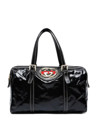 Pre-owned Gucci 2000-2015s Patent-leather Interlocking G Boston Bag In Black