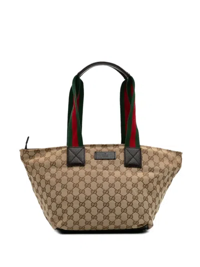 Pre-owned Gucci 2000-2025 Gg Canvas Web Tote Bag In Brown