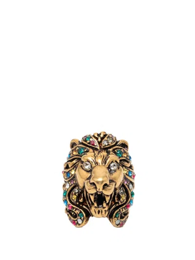 Pre-owned Gucci 2000-2025 Gold Plated Crystal Lion Head Ring Costume Ring