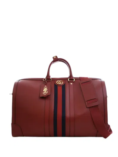 Pre-owned Gucci 2000-2025 Large Calfskin Web Savoy Duffle Bag Travel Bag In Red