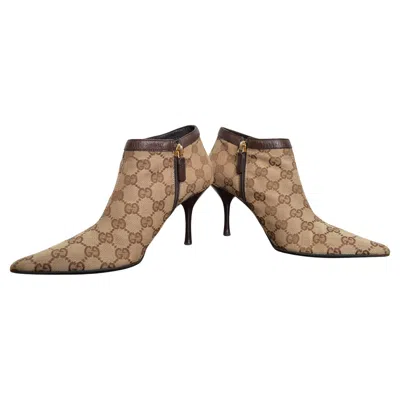 Pre-owned Gucci 2000's  Canvas Jacquard Monogram Ankle Court Shoe Y2k Stiletto Heels In Brown