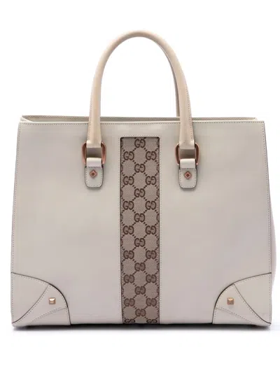 Pre-owned Gucci 2000-2015 Calfskin And Gg Canvas Nailhead Tote Bag In White
