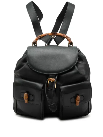 Pre-owned Gucci 2000-2015 Calfskin Bamboo Drawstring Backpack In Black