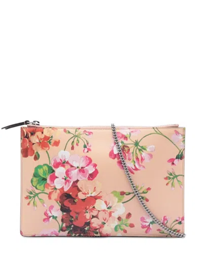 Pre-owned Gucci 2000-2015 Calfskin Blooms Chain Clutch Shoulder Bag In Brown