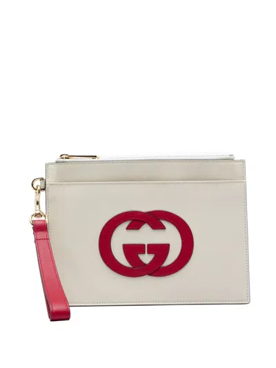 Pre-owned Gucci 2000-2015 Calfskin Interlocking G Wristlet Clutch Bag In White