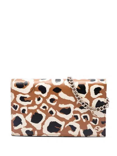 Pre-owned Gucci 2000-2015 Calfskin Leopard Print Betty Wallet On Chain Crossbody Bag In Brown