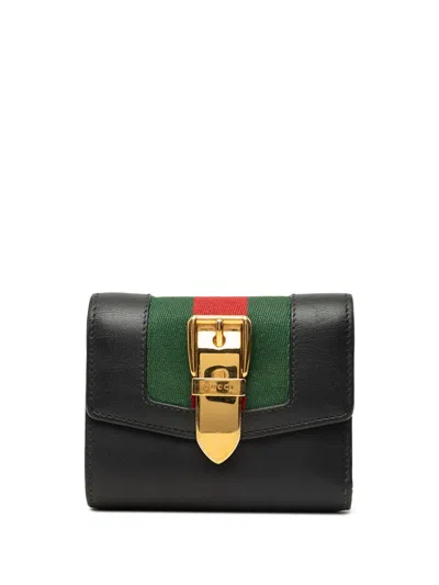 Pre-owned Gucci 2000-2015 Calfskin Sylvie Web Compact Wallet Small Wallets In Black