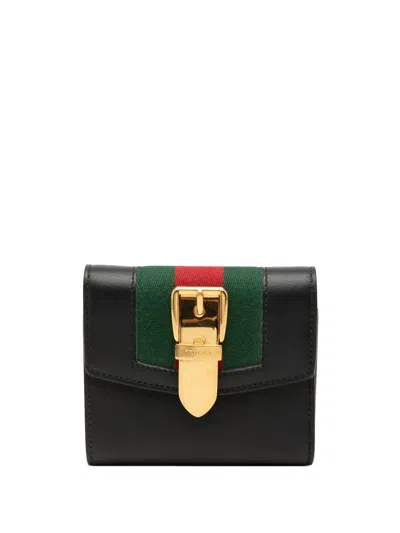 Pre-owned Gucci 2000-2015 Calfskin Web Sylvie Trifold Wallet Small Wallets In Black