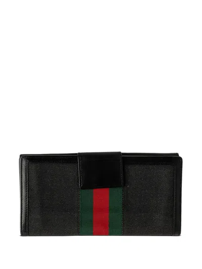 Pre-owned Gucci 2000-2015 Canvas And Leather Web Continental Wallet Long Wallets In Black