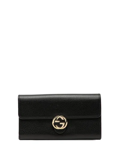 Pre-owned Gucci 2000-2015 Dollar Calfskin Interlocking G Continental Wallet Long Wallets In Black