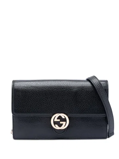 Pre-owned Gucci 2000-2015 Dollar Calfskin Interlocking G Wallet On Chain Crossbody Bag In Black