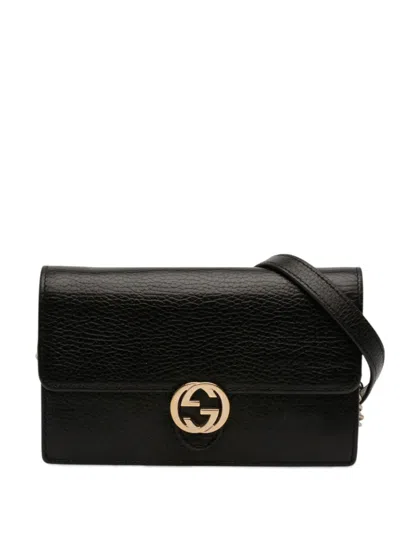 Pre-owned Gucci 2000-2015 Dollar Calfskin Interlocking G Wallet On Chain Crossbody Bag In Black