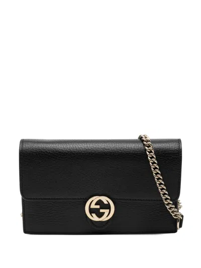 Pre-owned Gucci 2000-2015 Dollar Calfskin Interlocking G Wallet On Chain Crossbody Bag In Black