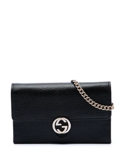Pre-owned Gucci 2000-2015 Dollar Calfskin Interlocking G Wallet On Chain Crossbody Bag In Black