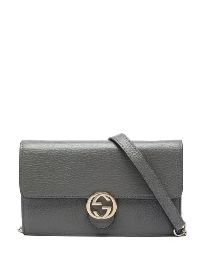 Pre-owned Gucci 2000-2015 Dollar Calfskin Interlocking G Wallet On Chain Crossbody Bag In Grey