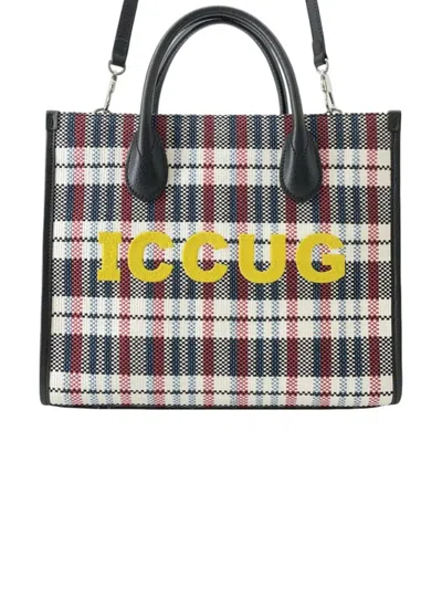 Pre-owned Gucci 2000-2015 Freya Hartas Canvas Iccug Logo Embroidered Plaid Tote Satchel In Brown