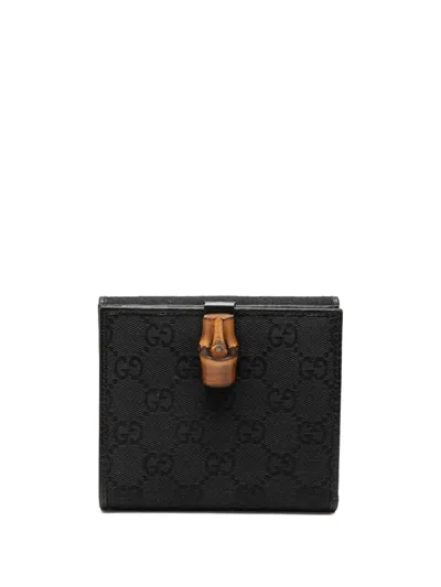 Pre-owned Gucci 2000-2015 Gg Canvas And Leather Bamboo Compact Wallet Small Wallets In Black