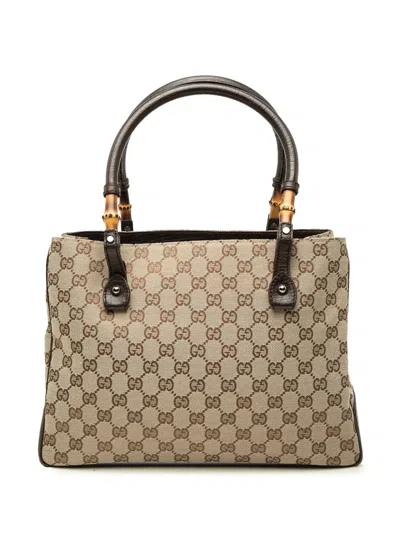 Pre-owned Gucci 2000-2015 Gg Canvas Bamboo Tote Bag In Neutrals