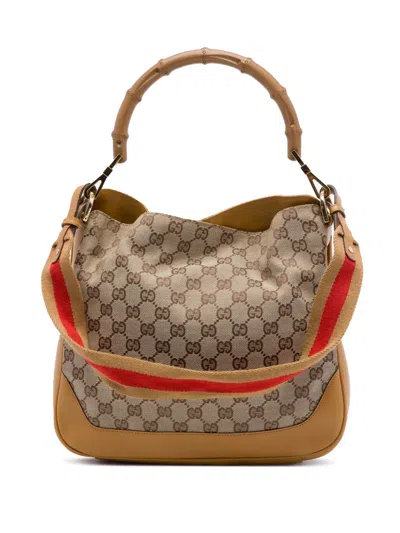 Pre-owned Gucci 2000-2015 Gg Canvas Bamboo Web Satchel In Neutrals