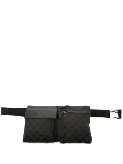Pre-owned Gucci 2000-2015 Gg Canvas Double Pocket Belt Bag In Black