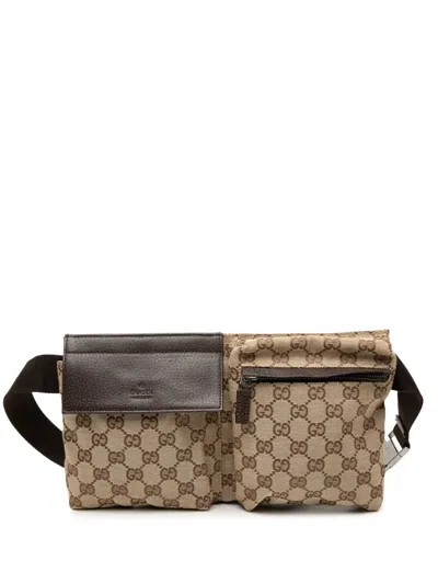 Pre-owned Gucci 2000-2015 Gg Canvas Double Pocket Belt Bag In Brown