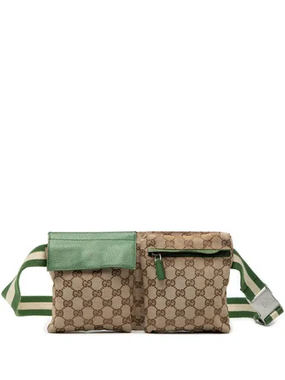 Pre-owned Gucci 2000-2015 Gg Canvas Web Double Pocket Belt Bag In Brown