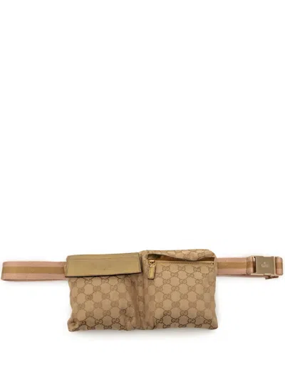 Pre-owned Gucci 2000-2015 Gg Canvas Web Double Pocket Belt Bag In Gold
