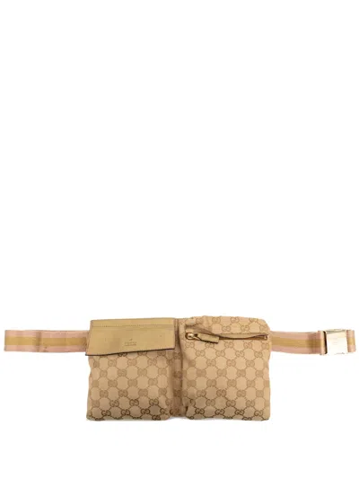 Pre-owned Gucci 2000-2015 Gg Canvas Web Double Pocket Belt Bag In Neutral
