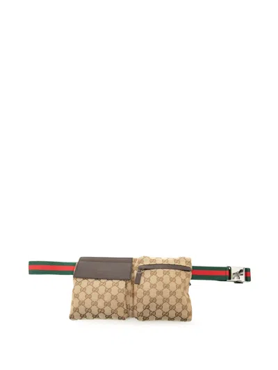 Pre-owned Gucci 2000-2015 Gg Canvas Web Double Pocket Belt Bag In Neutrals