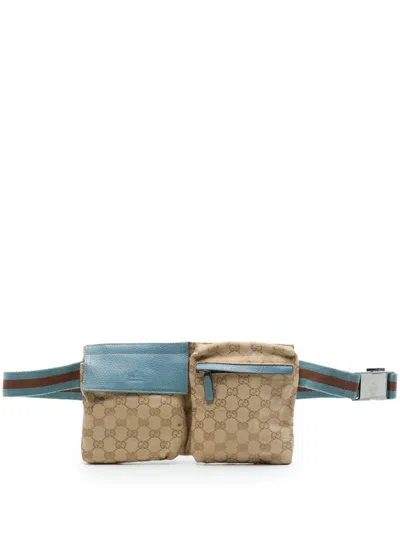 Pre-owned Gucci 2000-2015 Gg Canvas Web Double Pocket Belt Bag In Neutrals
