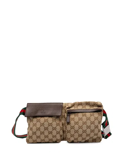 Pre-owned Gucci 2000-2015 Gg Canvas Web Double Pocket Belt Bag In Neutrals