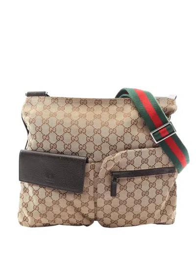 Pre-owned Gucci 2000-2015 Gg Canvas Web Double Pocket Crossbody Bag In Neutral