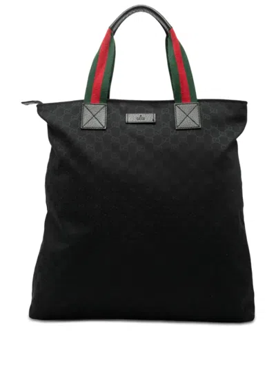 Pre-owned Gucci 2000-2015 Gg Canvas Web Vertical Tote Bag In Black