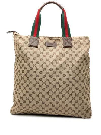 Pre-owned Gucci 2000-2015 Gg Canvas Web Vertical Tote Bag In Brown