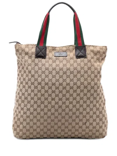 Pre-owned Gucci 2000-2015 Gg Canvas Web Vertical Tote Bag In Brown