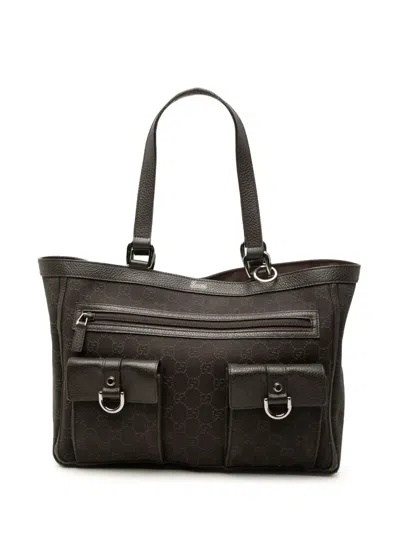 Pre-owned Gucci 2000-2015 Gg Denim Abbey D Ring Pocket Tote Bag In Brown