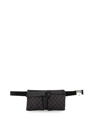 Pre-owned Gucci 2000-2015 Gg Denim Double Pocket Belt Bag In Grey