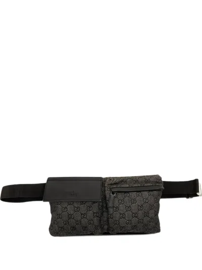 Pre-owned Gucci 2000-2015 Gg Denim Double Pocket Belt Bag In Grey