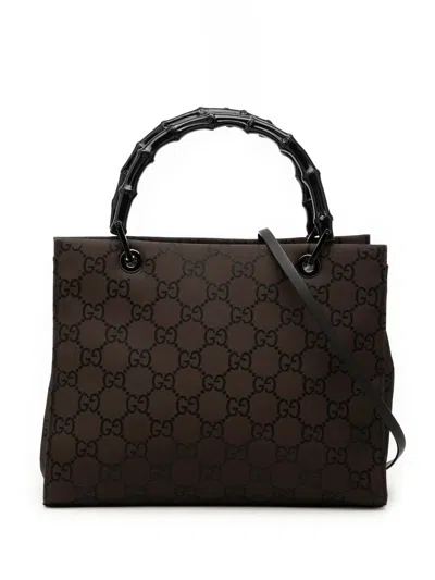 Pre-owned Gucci 2000-2015 Gg Nylon Bamboo Satchel In Brown