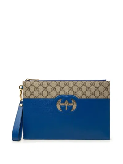 Pre-owned Gucci 2000-2015 Gg Supreme And Calfskin Cut Out Interlocking G Clutch Bag In Blue