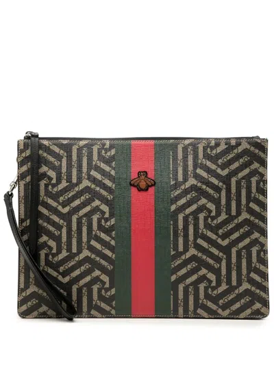Pre-owned Gucci 2000-2015 Gg Supreme Caleido Web Bee Clutch Bag In Neutrals